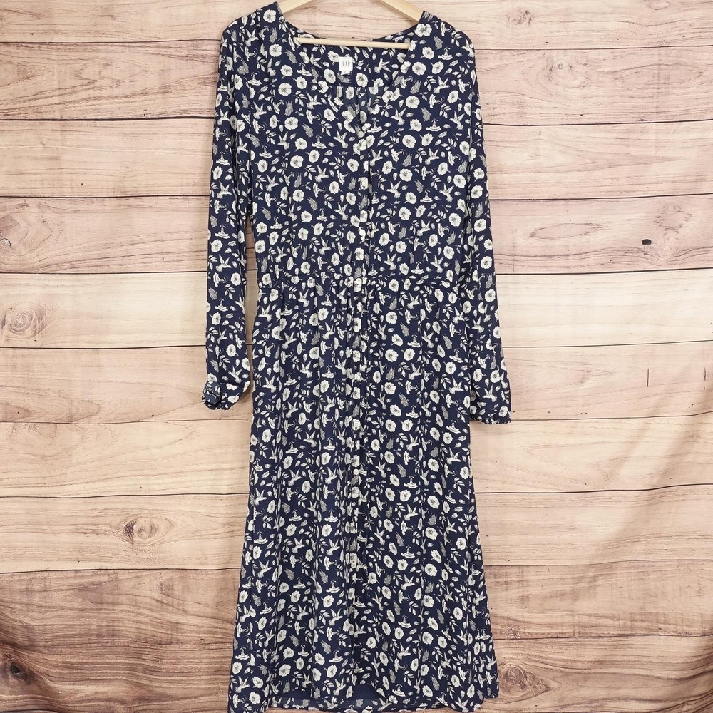 Gap Dress Womens M Tall Blue Floral Bird Print Long Sleeve Maxi Shirt Dress